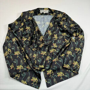 Pink Martini Open Front Blazer Jacket Womens Size Large Black Gold Florals